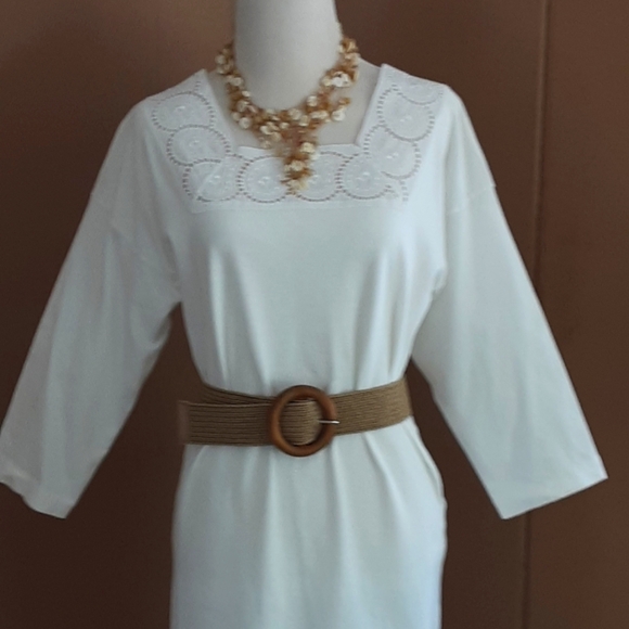 White Lace Embroidered Paisley Square Neckline 100% Cotton Casual Dress Sz M - Picture 2 of 7